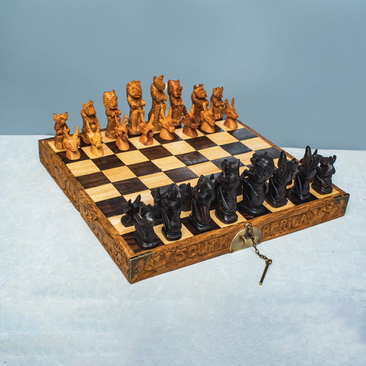 Premium African Big-5 Hand-Carved Wooden Chess Set (Foldable Box + Storage Case)